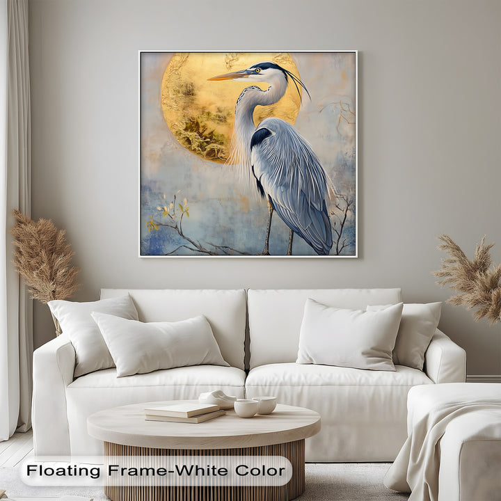 Golden Moonlit Heron – Elegant Blue Bird Canvas Print