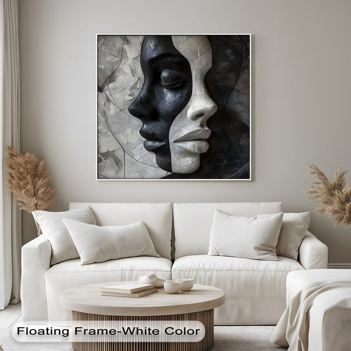 The compelling transition between dramatic black and stark white abstract faces defines this modern art big canvas prints, creating a striking visual.