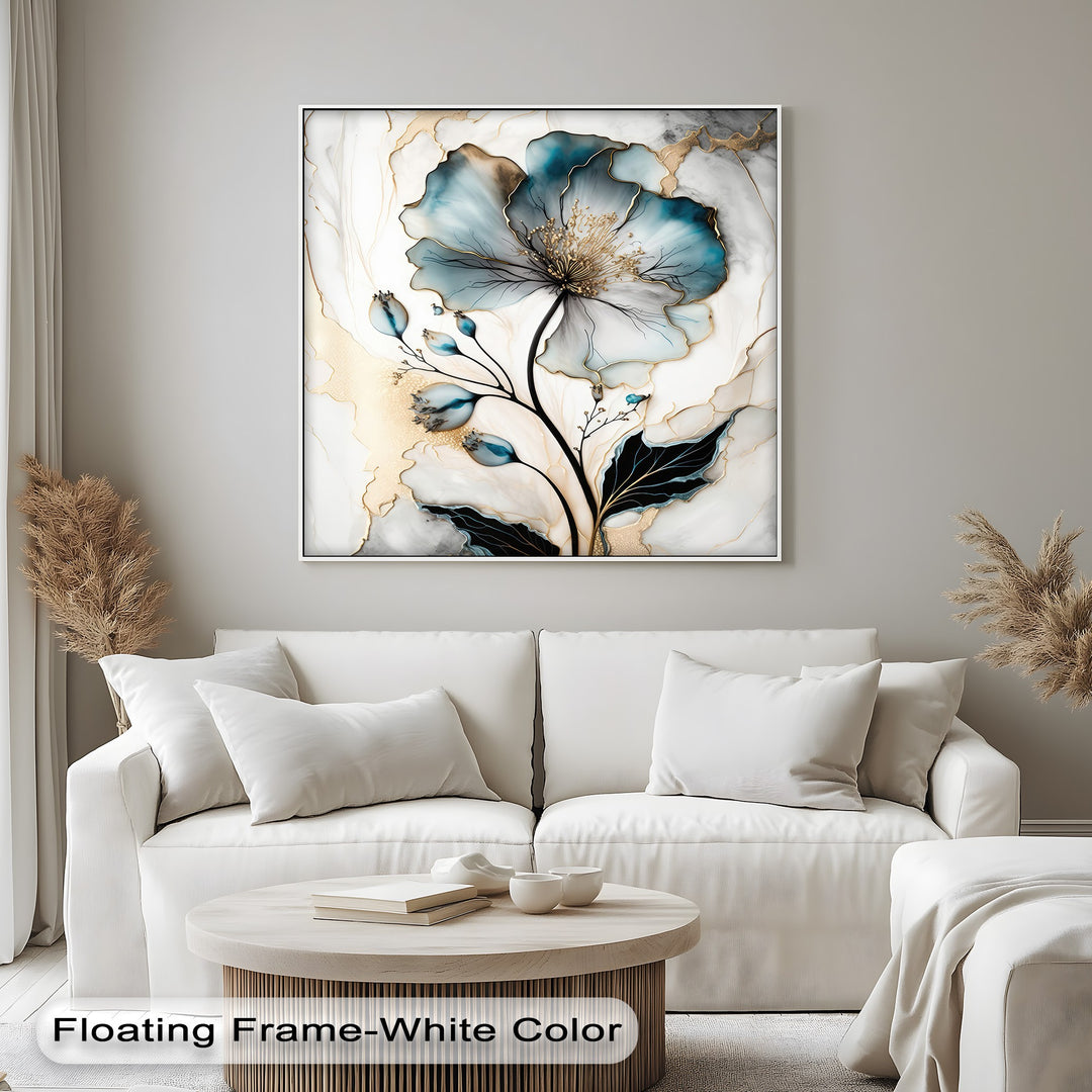 The plush white sofa's soft cushions and pillows provide a comforting foreground to a sophisticated blue floral big canvas print.
