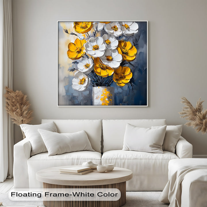 Sunlit Elegance – Yellow and White Poppies in Vase Canvas Print