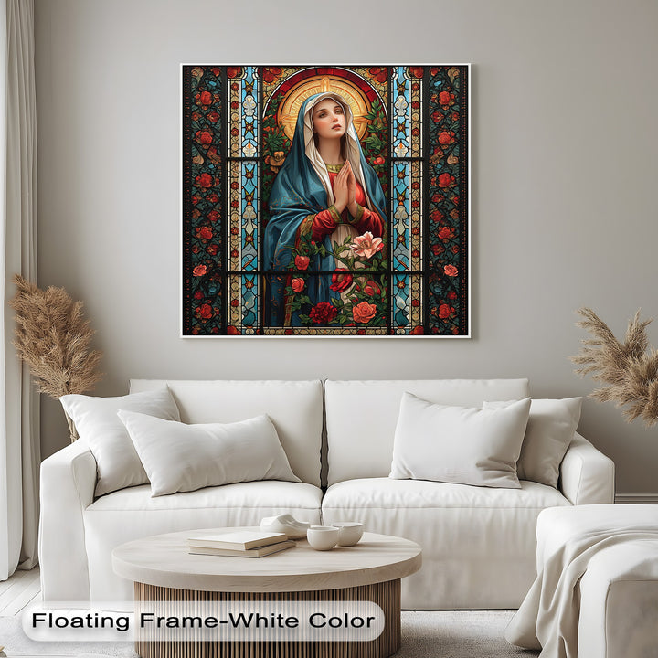 Geometric patterns of stained glass frame the praying figure of Mary in this vibrant religious canvas artwork, adorned with intricate floral designs.
