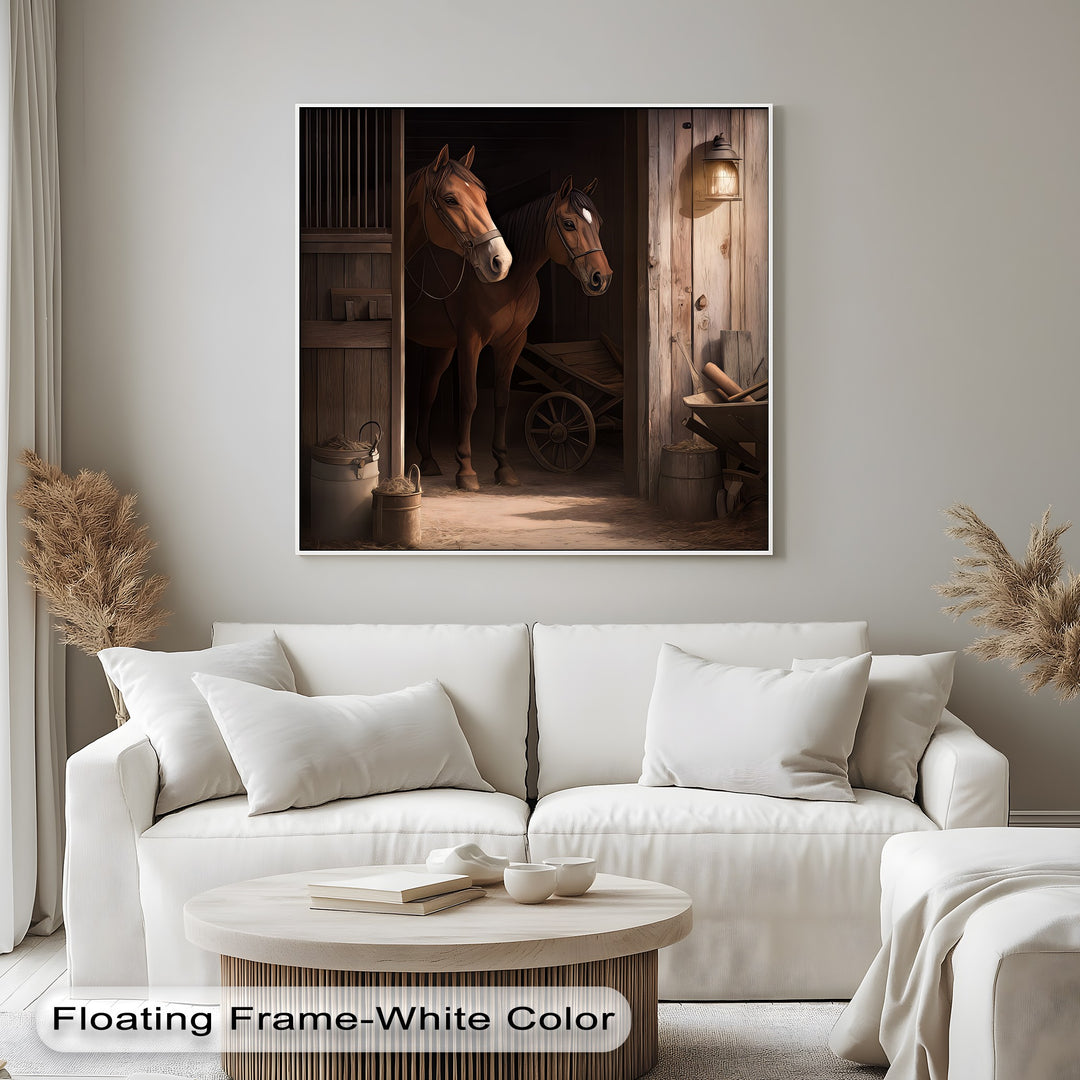 Stable Companions – Rustic Horse Barn Scene Canvas Print