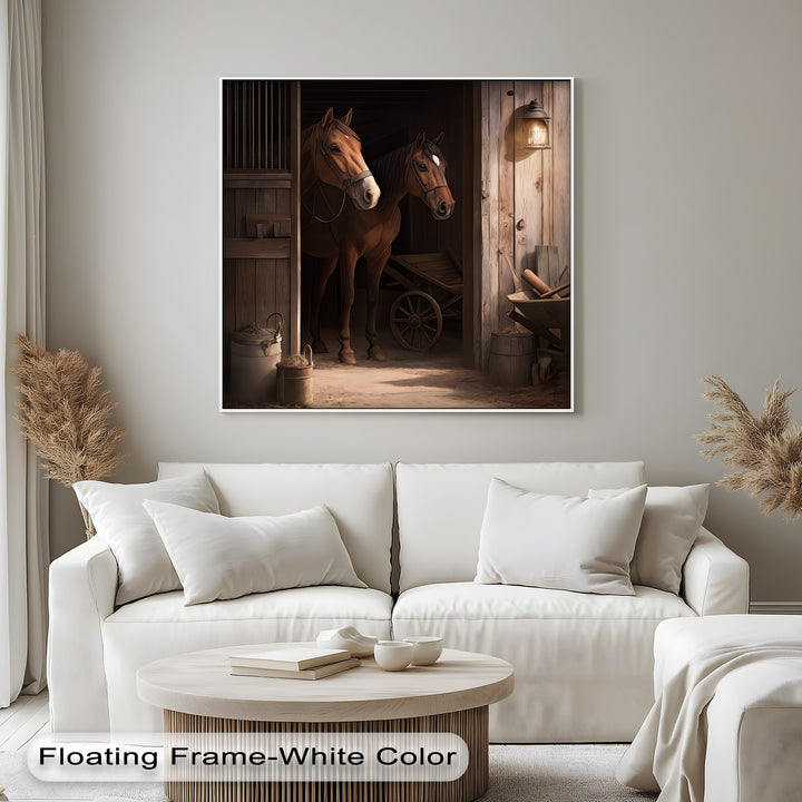 Stable Companions – Rustic Horse Barn Scene Canvas Print