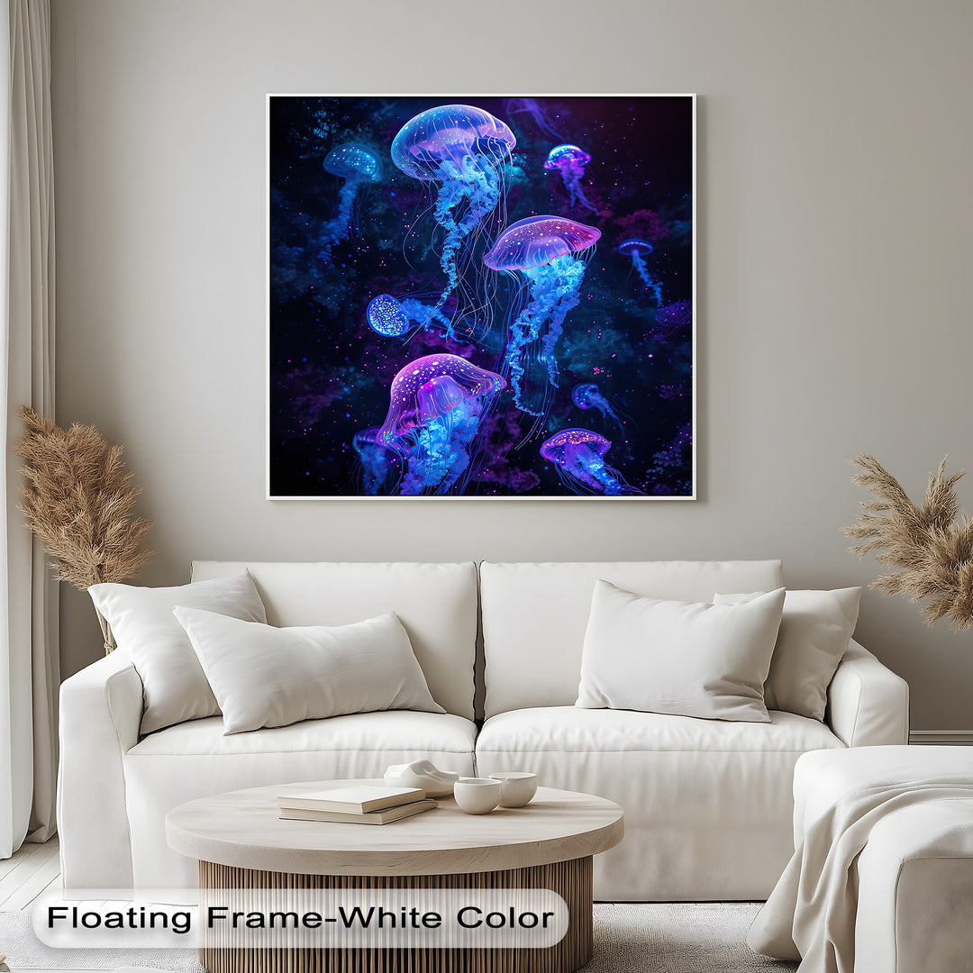 Striking color contrast on the canvas artwork displays luminous neon jellyfish in vibrant blues and purples against a deep dark background.