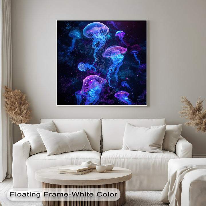 Striking color contrast on the canvas artwork displays luminous neon jellyfish in vibrant blues and purples against a deep dark background.