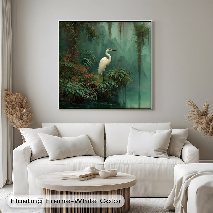 Filtered light and shadow enhance the tranquil mood of this jungle heron canvas artwork, a tropical wildlife canvas print showcasing nature's beauty.