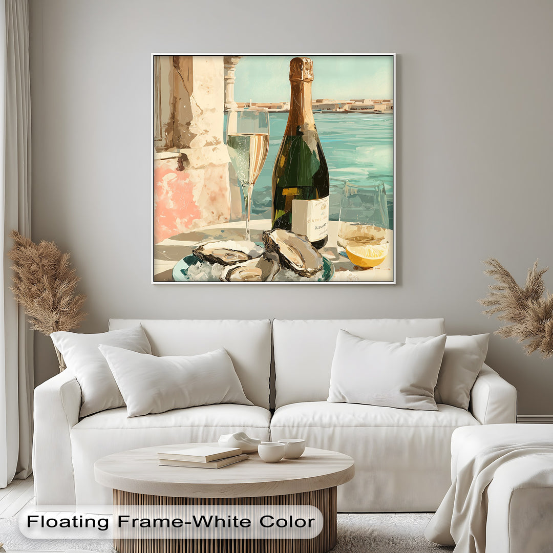 Canvas wall art of champagne and oysters evokes a feeling of elegant seaside dining and sophisticated celebration.