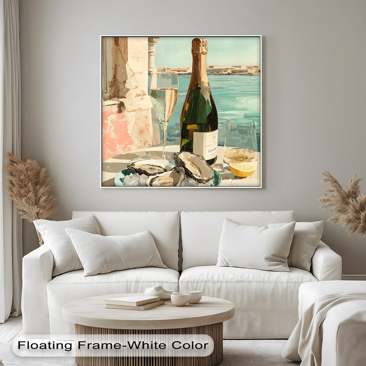 Canvas wall art of champagne and oysters evokes a feeling of elegant seaside dining and sophisticated celebration.