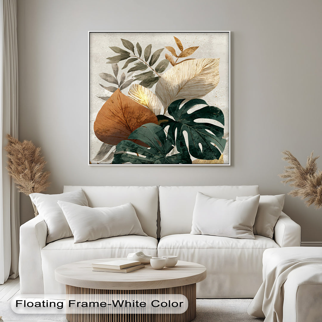 Striking color contrast highlights the earthy tones and layered textures within this neutral botanical Monstera canvas art, a visually captivating piece of canvas art featuring modern tropical leaves.