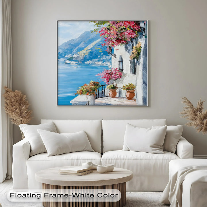 Sunlit Balcony by the Amalfi – Seaside Floral Canvas Print