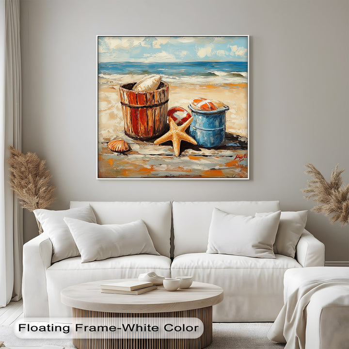 Beach Day Memories – Vibrant Coastal Bucket Scene Canvas Prints