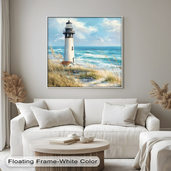 Featuring the brightest area, this coastal lighthouse canvas print showcases serene beach landscapes, making it a perfect addition to your canvas pictures collection.