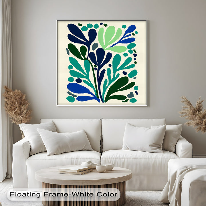 The darkest area of this modern blue botanical canvas print highlights the deep navy leaf shapes that create a visually compelling piece of canvas pictures.