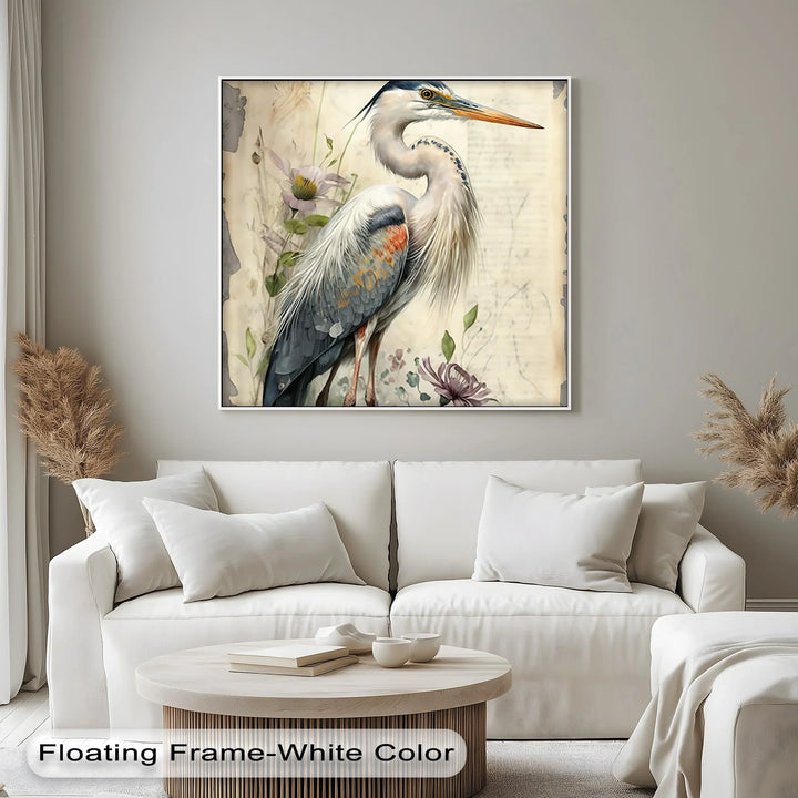 Graceful Heron Amid Wildflowers – Vintage Nature Canvas Print - MyPhotoStation