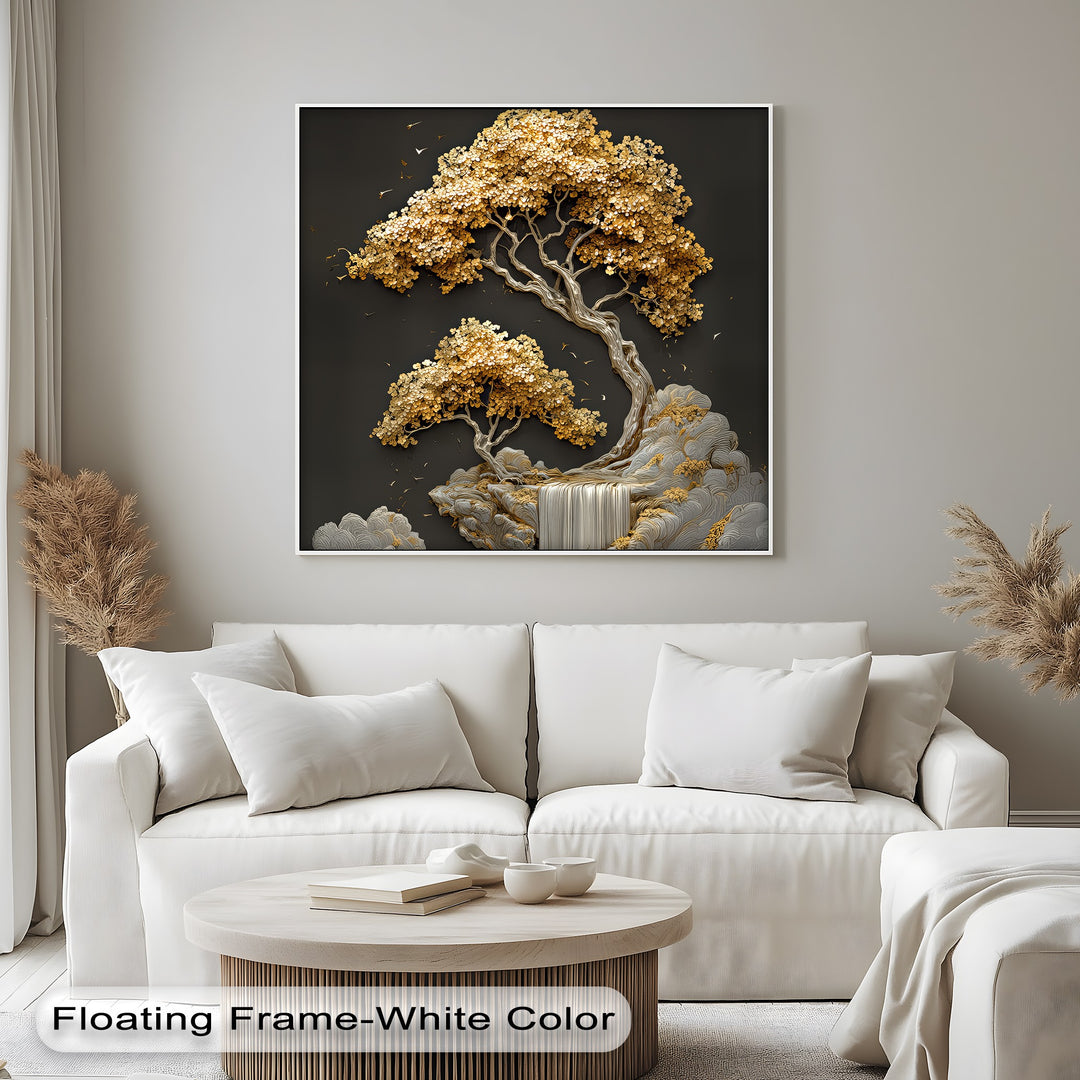 Golden Cascades – Abstract Tree and Waterfall Canvas Print