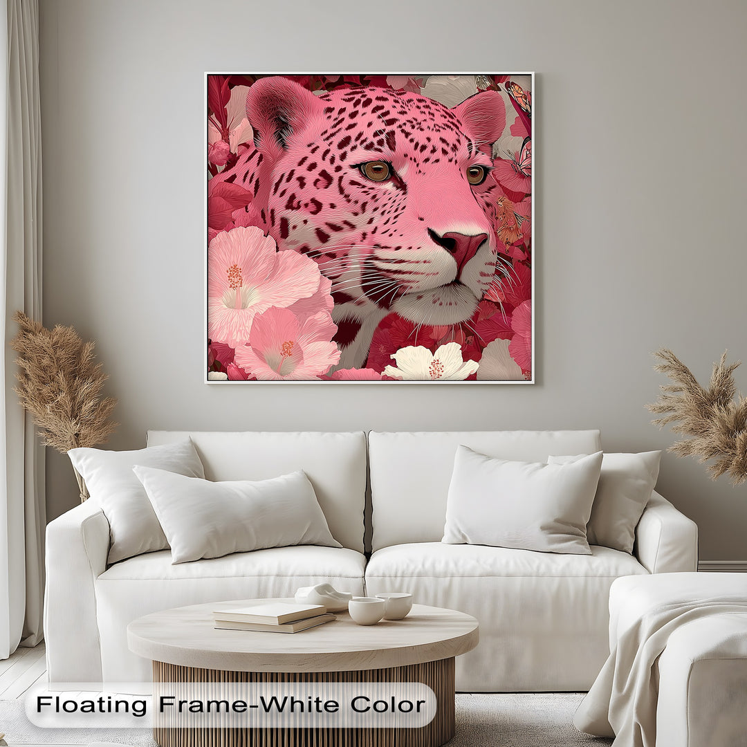 Blush Predator – Pink Leopard in Hibiscus Jungle Canvas Print
