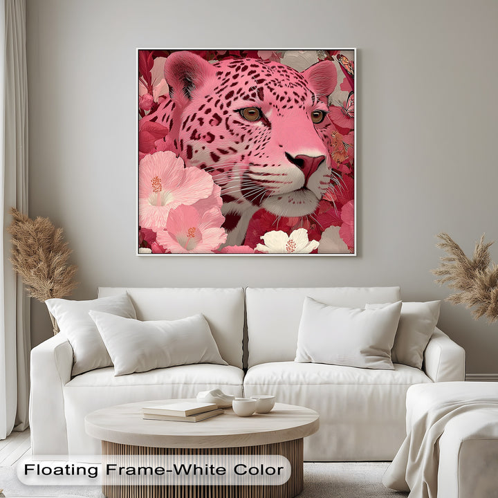 Blush Predator – Pink Leopard in Hibiscus Jungle Canvas Print