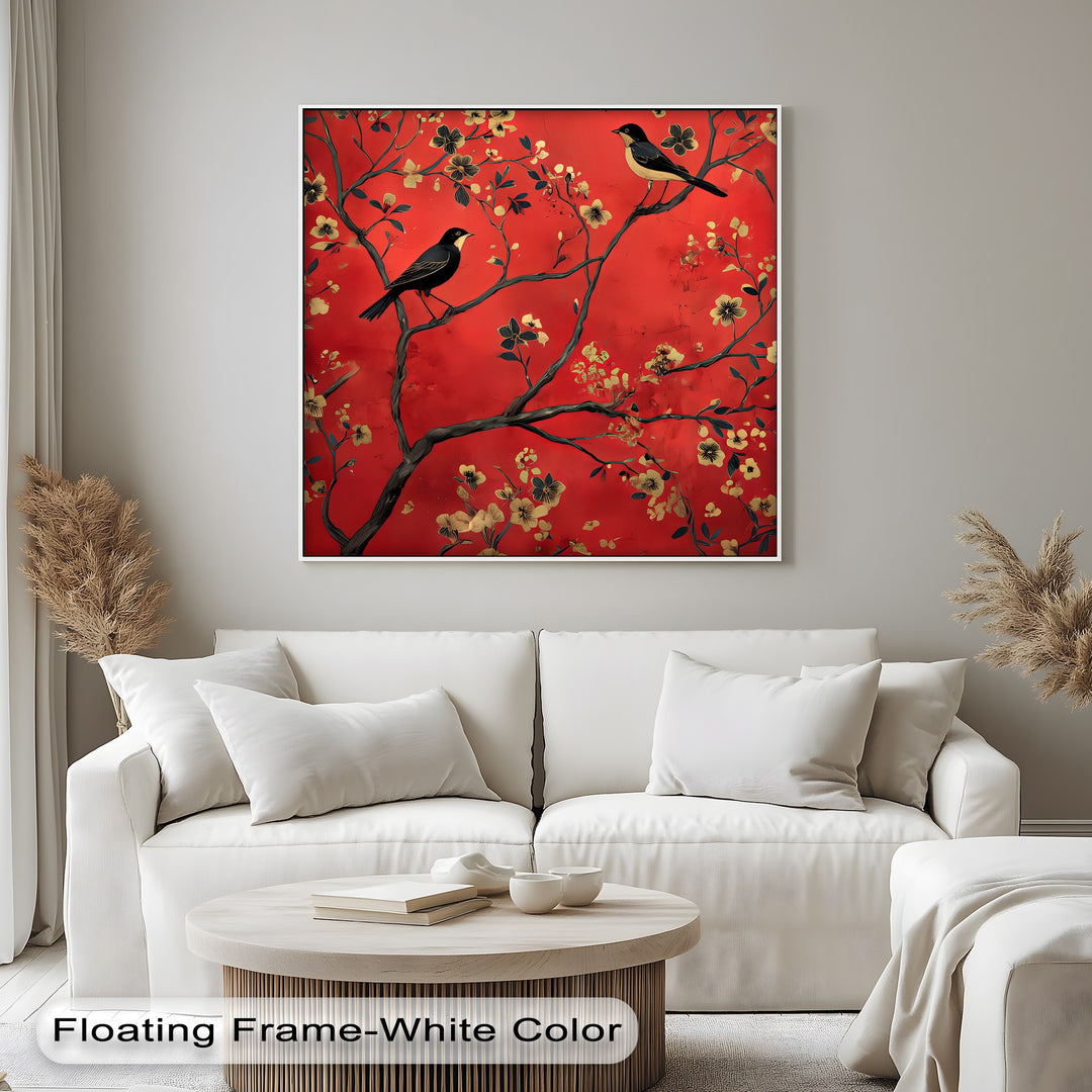 Crimson Melody – Golden Blossom Birds Canvas Wall Art | Framed Art