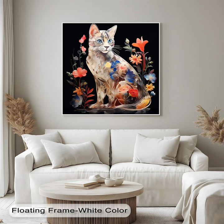 Botanical Gaze – Floral Patterned Cat with Blue Eyes Cat Canvas Print - MyPhotoStation