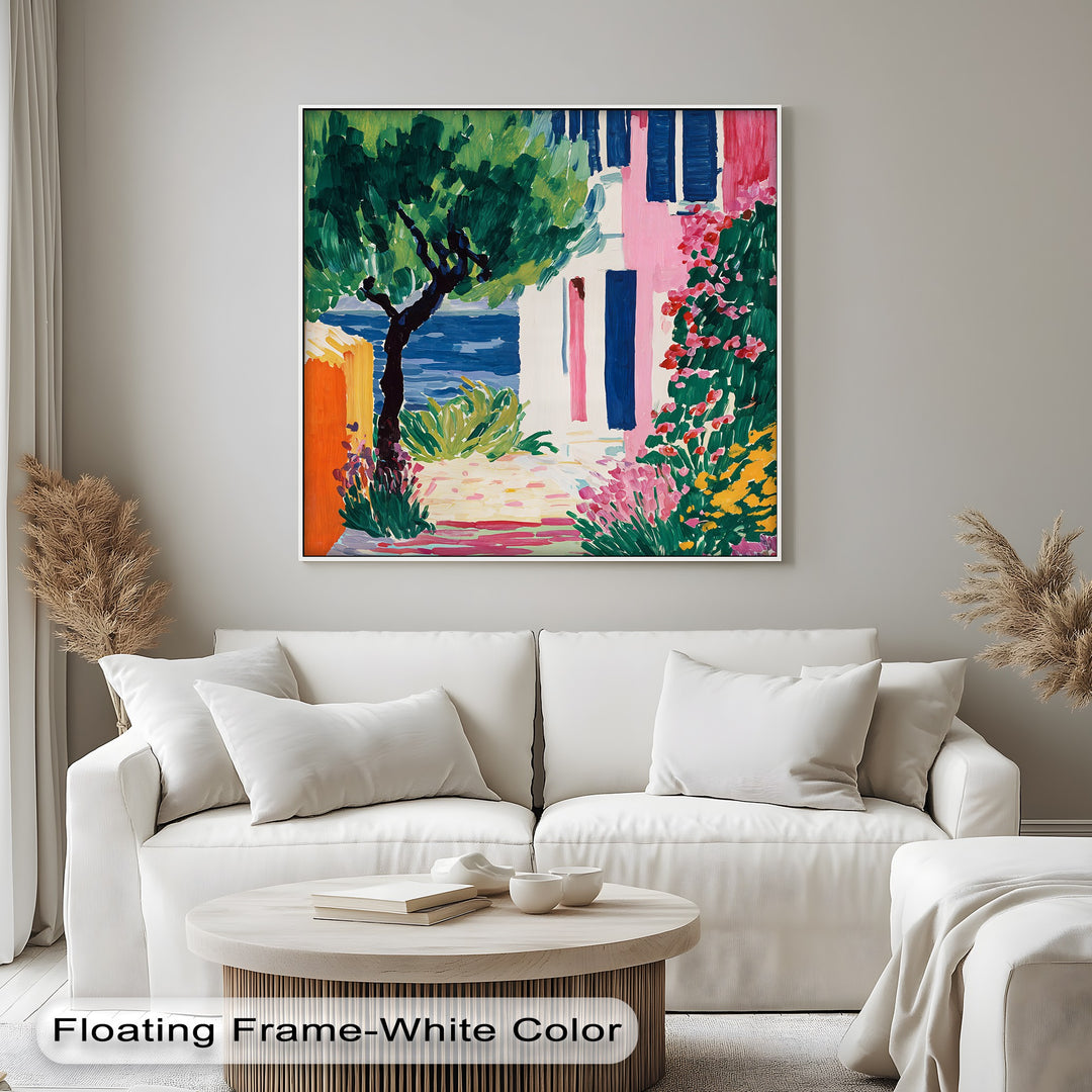 Focusing on the layering effect, this Mediterranean village coastal garden scene is a unique canvas print showcasing overlapping colorful blooms, architectural elements, and distant ocean.