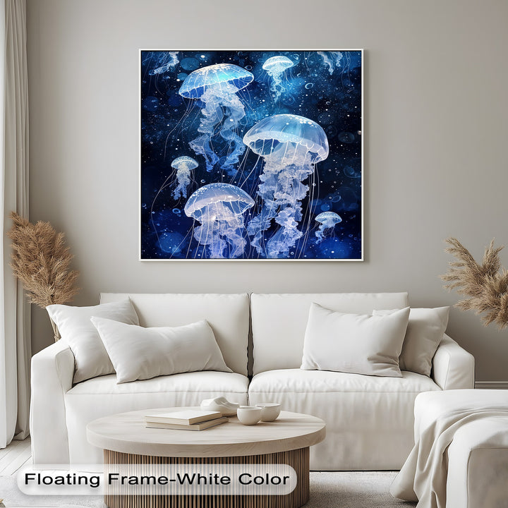 The high-quality canvas art vividly captures the luminous jellyfish and deep ocean's ethereal glow with exceptional detail and texture.