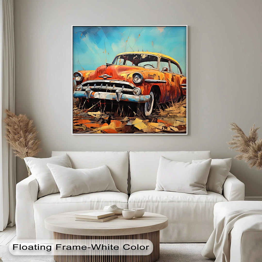 Rustic Relic – Faded Orange Classic Car in Autumn Field Canvas Print - MyPhotoStation