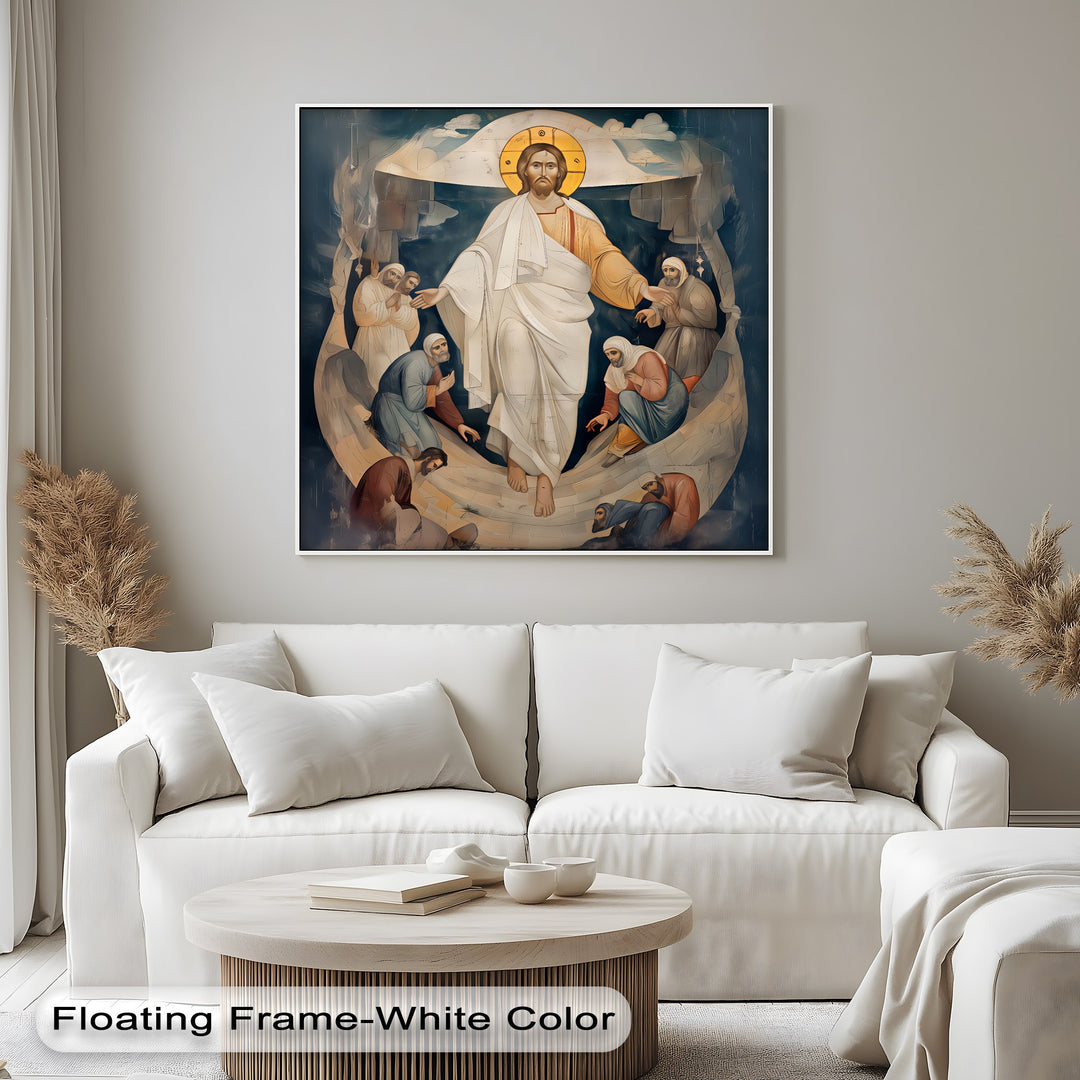 The powerful ascension of Christ, surrounded by dynamically reacting sacred figures, conveys vibrant movement in this Resurrection of Christ canvas art.