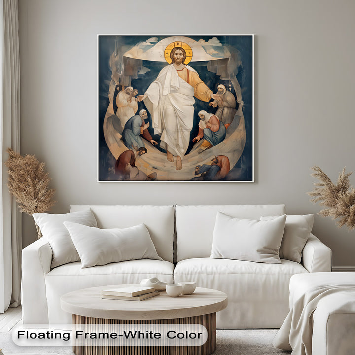 The powerful ascension of Christ, surrounded by dynamically reacting sacred figures, conveys vibrant movement in this Resurrection of Christ canvas art.