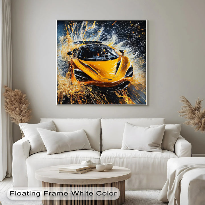 Velocity Splash – Yellow Supercar in Liquid Motion Canvas Print - MyPhotoStation