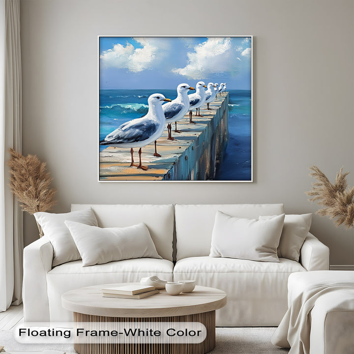 Add coastal charm with this minimalist seagull framed canvas design.

