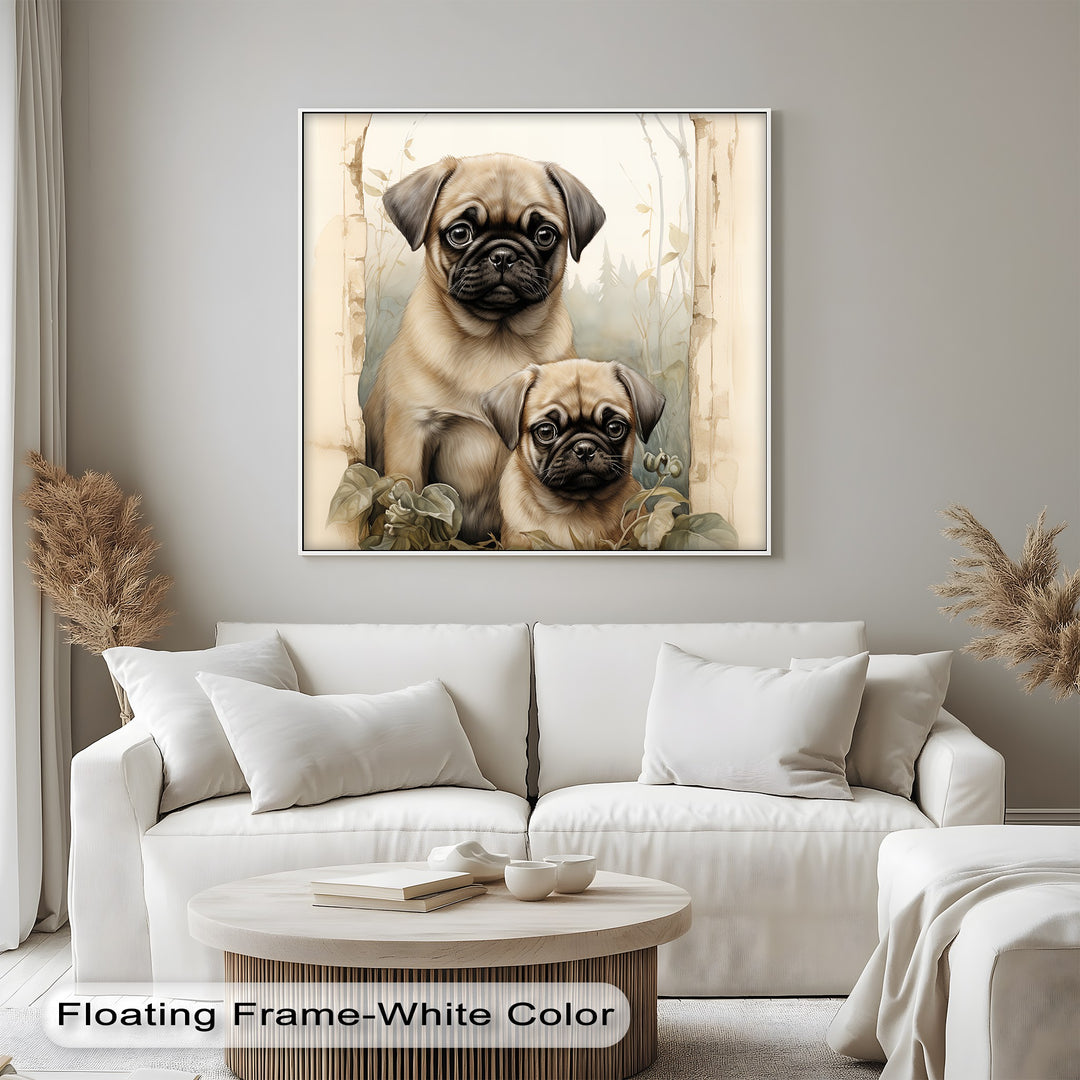 Twin Pug Companions – Vintage Botanical Style Puppies Canvas Print