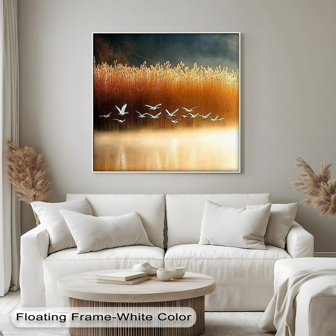 Golden Flight – Tranquil Birds at Sunset Canvas Print - MyPhotoStation
