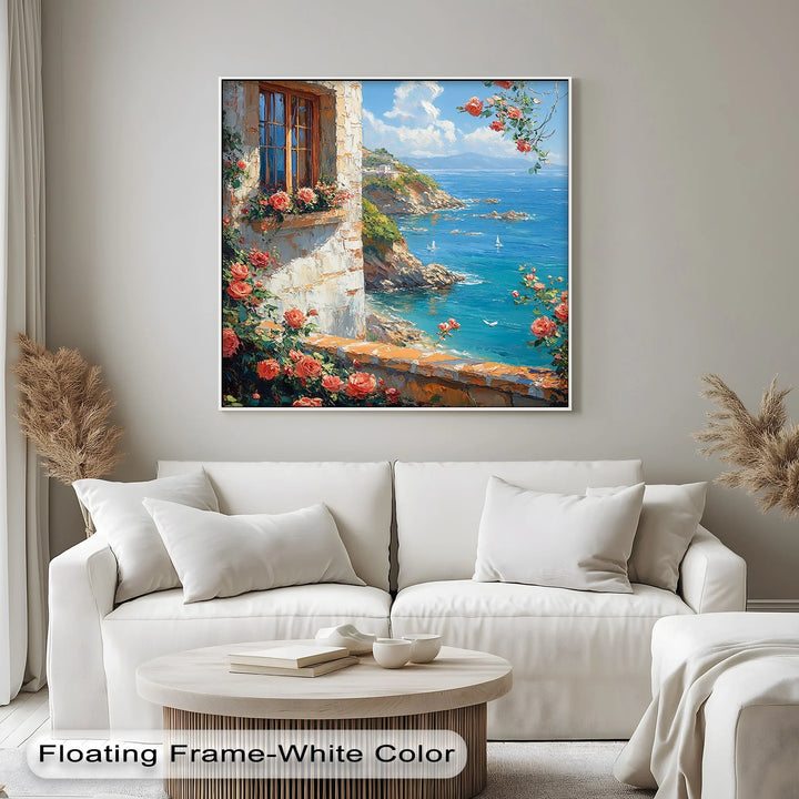 Seaside Roses View – Mediterranean Coast Window Canvas Print - MyPhotoStation