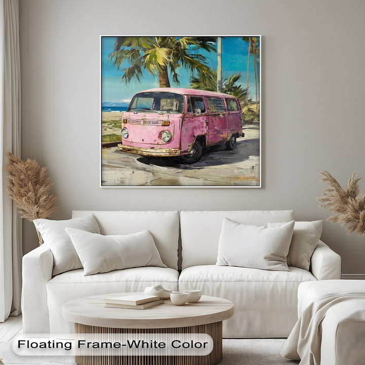 Pink Paradise Ride – Vintage Van by the Beach Canvas Print