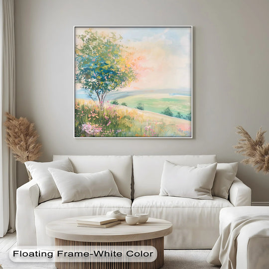 A hillside landscape in blossom with a tree is the central subject in this Blossom Breeze Hillside spring meadow landscape canvas pictures print.