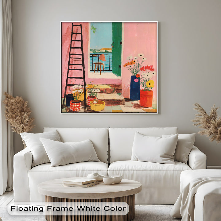 Boldly capturing the eye, the vibrant Mediterranean doorway and colorful flowers in this pink coastal balcony premium canvas decor create a striking focal point.
