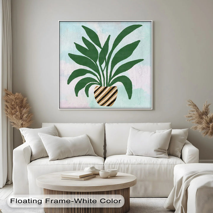 Striped Planter Botanical Art – Minimalist Green Leaf Canvas Print - MyPhotoStation
