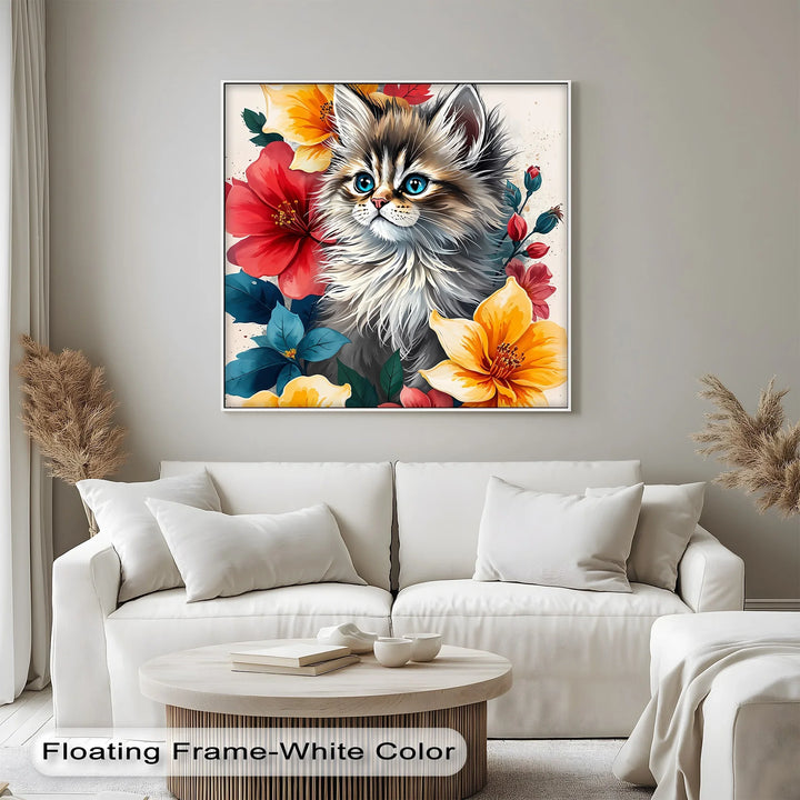 Fluffy Kitten Surrounded by Vibrant Florals - Cat Canvas Print - MyPhotoStation