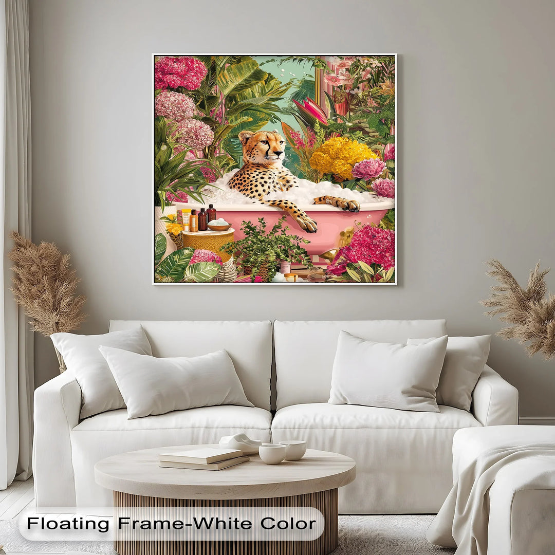 Cheetah in Pink Bathtub – Whimsical Jungle-Inspired Canvas Print - MyPhotoStation