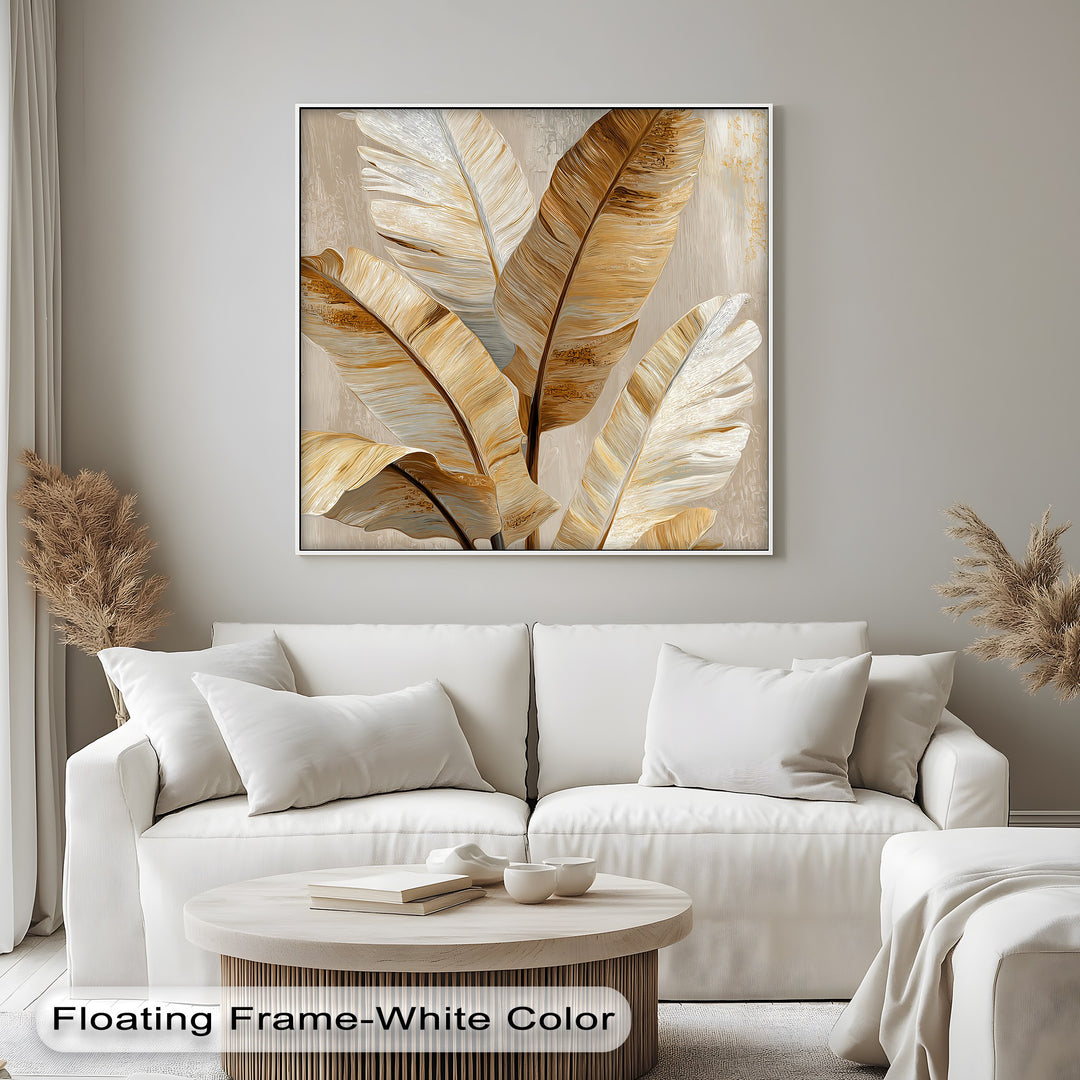 The central subject is a stunning canvas artwork featuring a golden tropical leaf canvas print, bringing elegant neutral botanical wall art to any modern space.