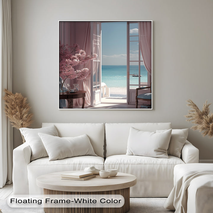 Seaside Serenity – Elegant Room with Ocean View Canvas Print
