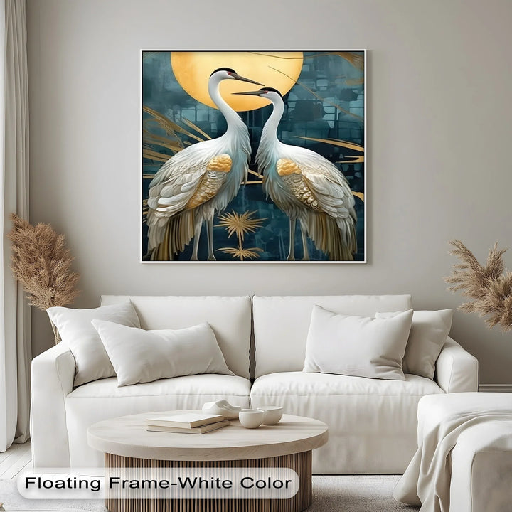 Moonlit Elegance – Golden Cranes Under Full Moon Canvas Print - MyPhotoStation