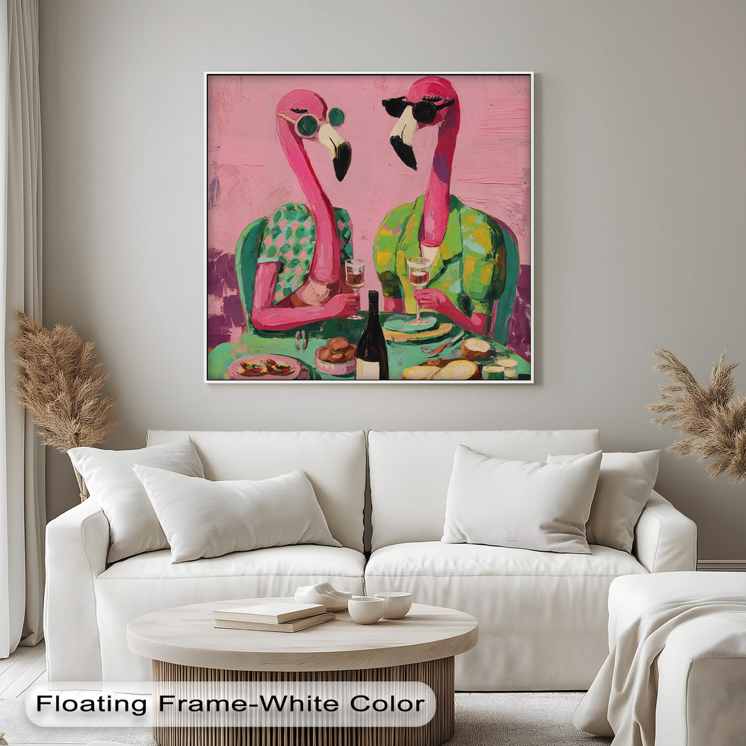 Visible on the table in the foreground are canvas pictures of two flamingos enjoying a dinner party, complete with a wine bottle, glasses, and appetizers.