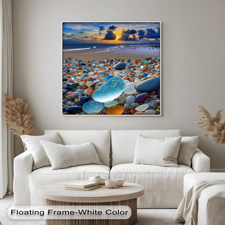 The rolling tide crashes on a sea glass beach under a vibrant coastal sunset canvas painting, creating dynamic ocean movement.