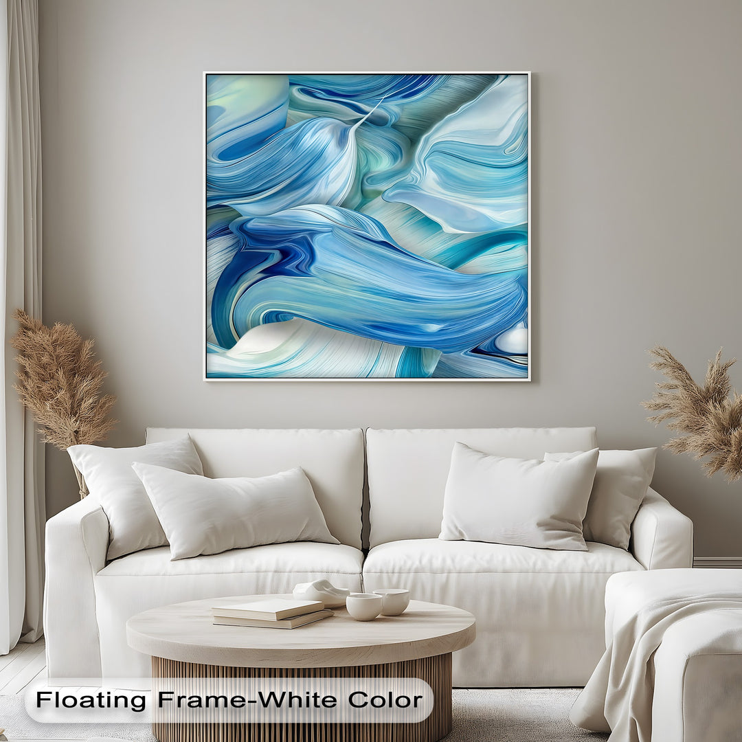 Showcasing profound depth and layers, this captivating abstract blue canvas art features intricate, swirling azure and white forms, defining best canvas prints.