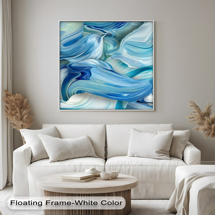 Showcasing profound depth and layers, this captivating abstract blue canvas art features intricate, swirling azure and white forms, defining best canvas prints.