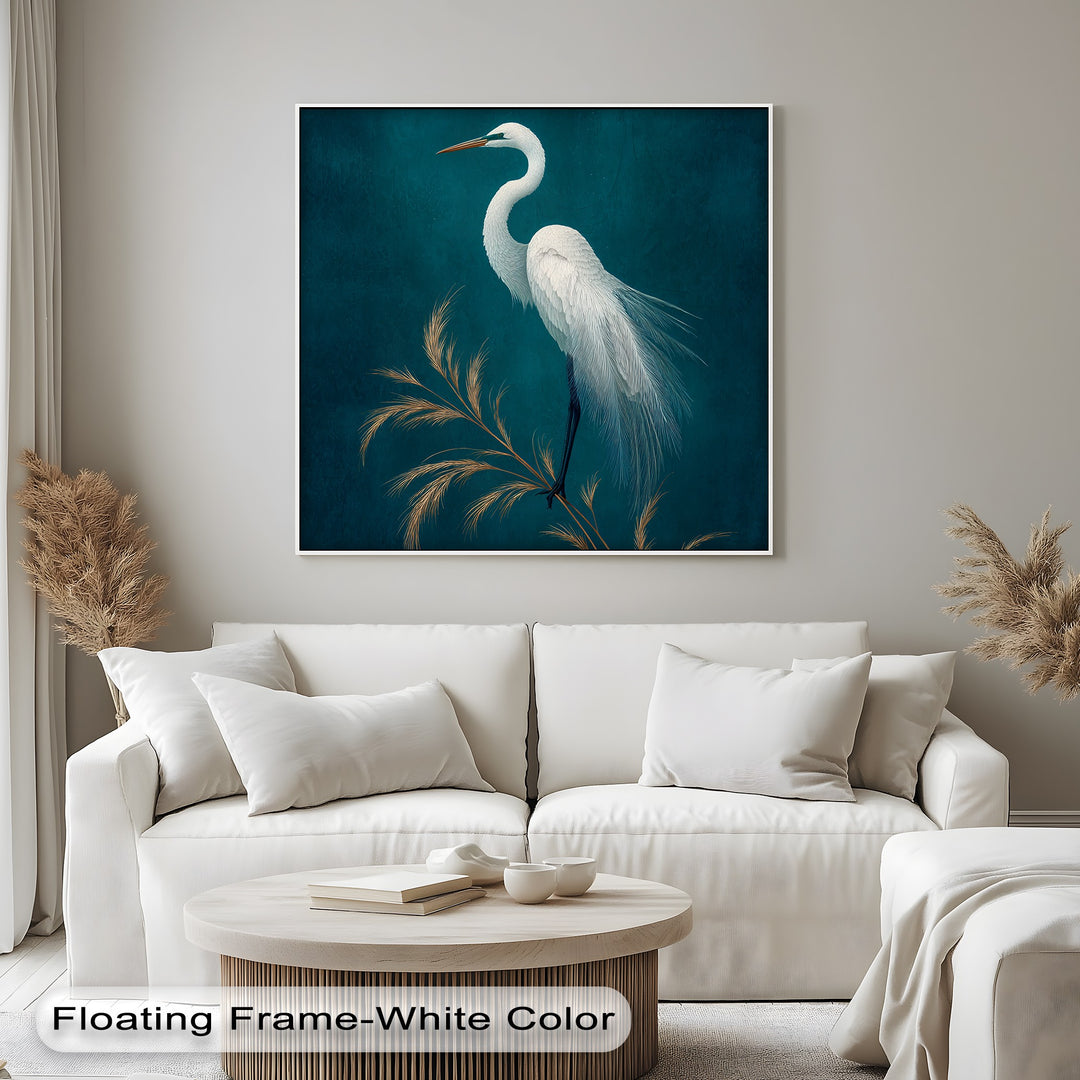 Geometric heron canvas print showcases a structured composition with the minimalist bird art, creating a stylish canvas wall decor on a teal backdrop.
