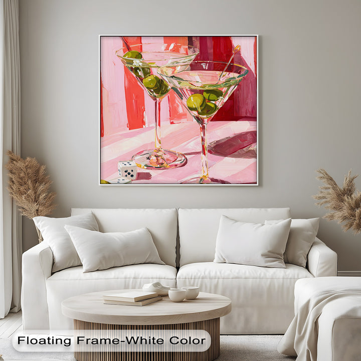 Horizontal rectangular hanging canvas features a vibrant pink martini cocktail, ideal as modern bar art wall decor.