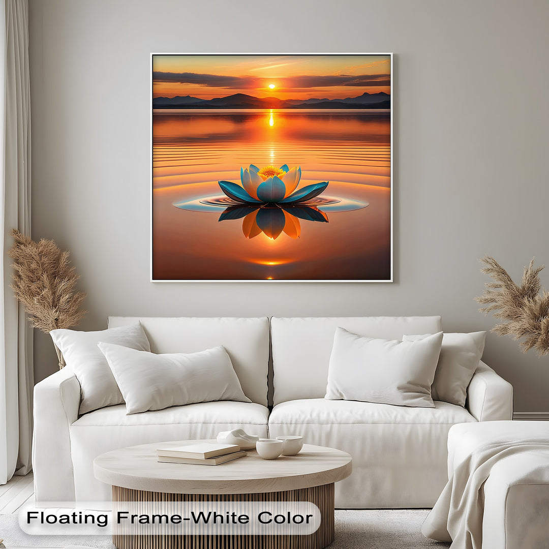 The visual rhythm of golden sunset reflections and concentric ripples around a vibrant lotus forms a serene scene on this best canvas prints wall art.