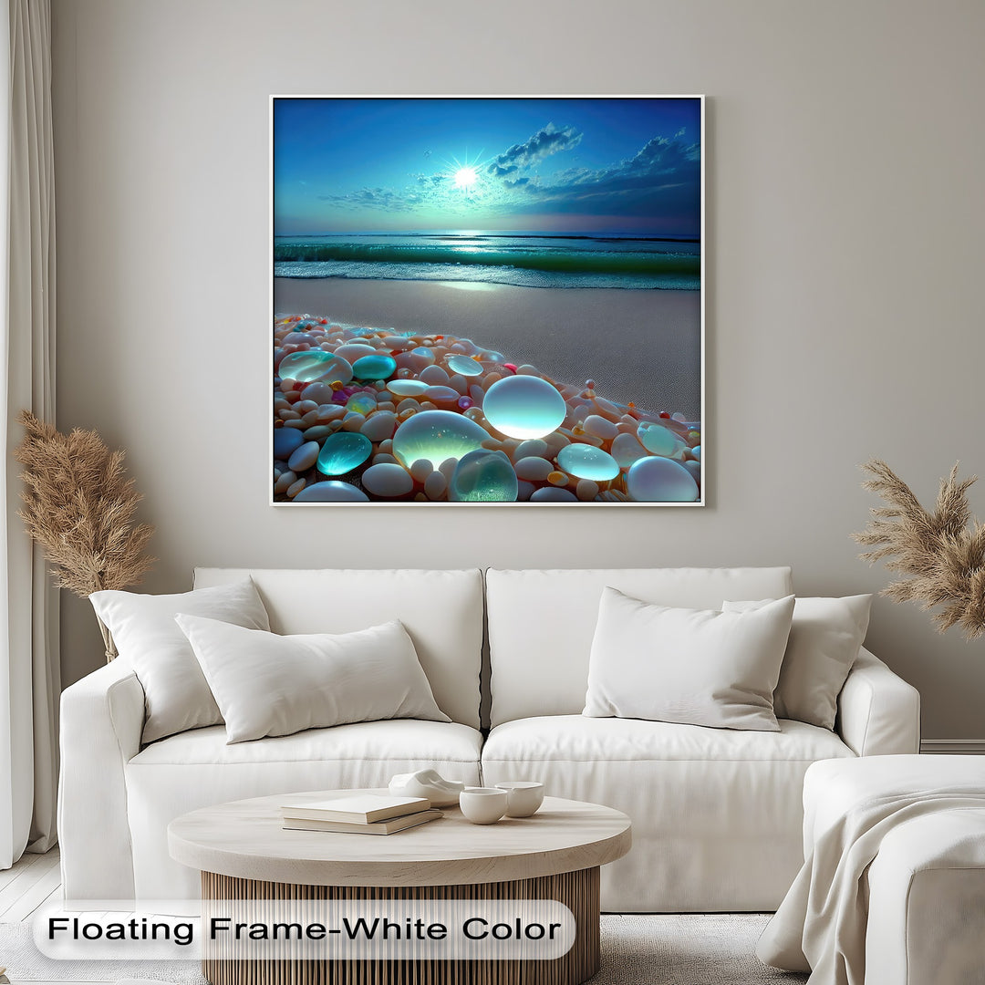 Exquisite canvas painting showcasing the brilliant material quality of luminescent pebbles on a serene coastal beach with a radiant sunset.